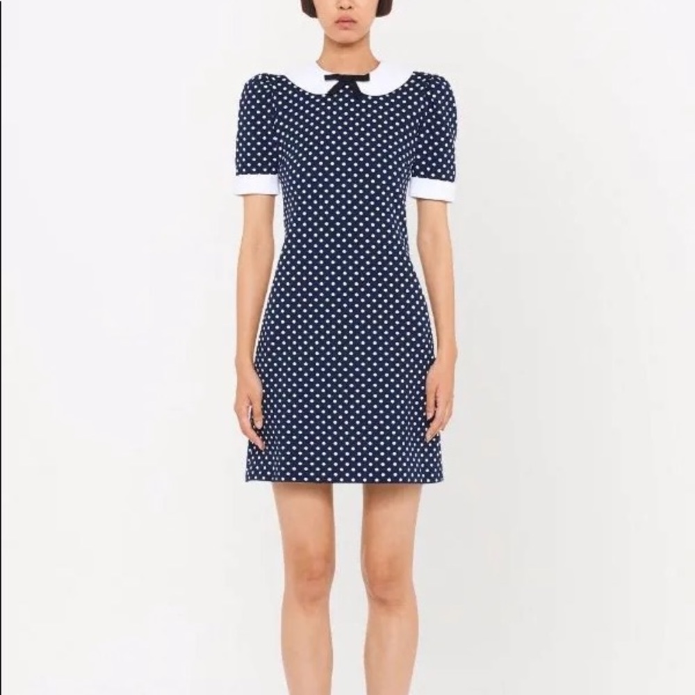 Miu Miu Deep Navy Polkadot Peter Pan Collar Jersey Mini Dress